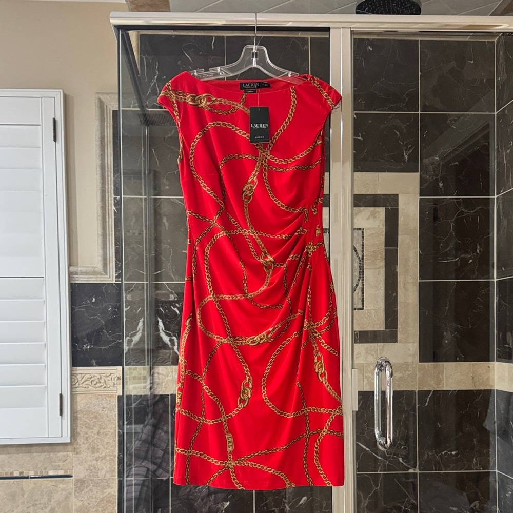 Lauren Ralph Lauren Red Chain-Print Sheath Dress with Gold Accents